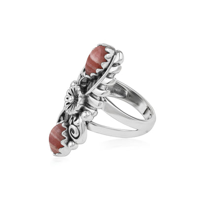  Sterling Silver Rhodochrosite Pear-Cut Leaf and Flower Ring 