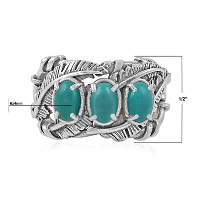 Sterling Silver Green Turquoise Three Stone Feather Ring