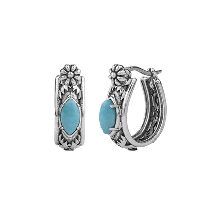 Sterling Silver Kingman Turquoise Marquise Cut Huggie Hoop Earrings 