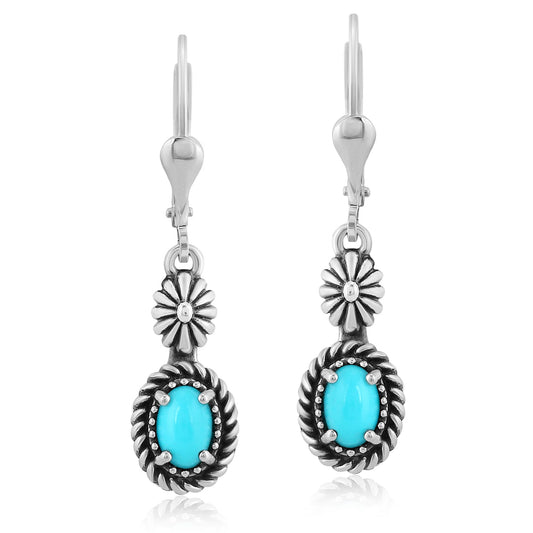 EXCLUSIVELY OURS! Sterling Silver Sleeping Beauty Turquoise Floral and Rope Design Dangle Earrings