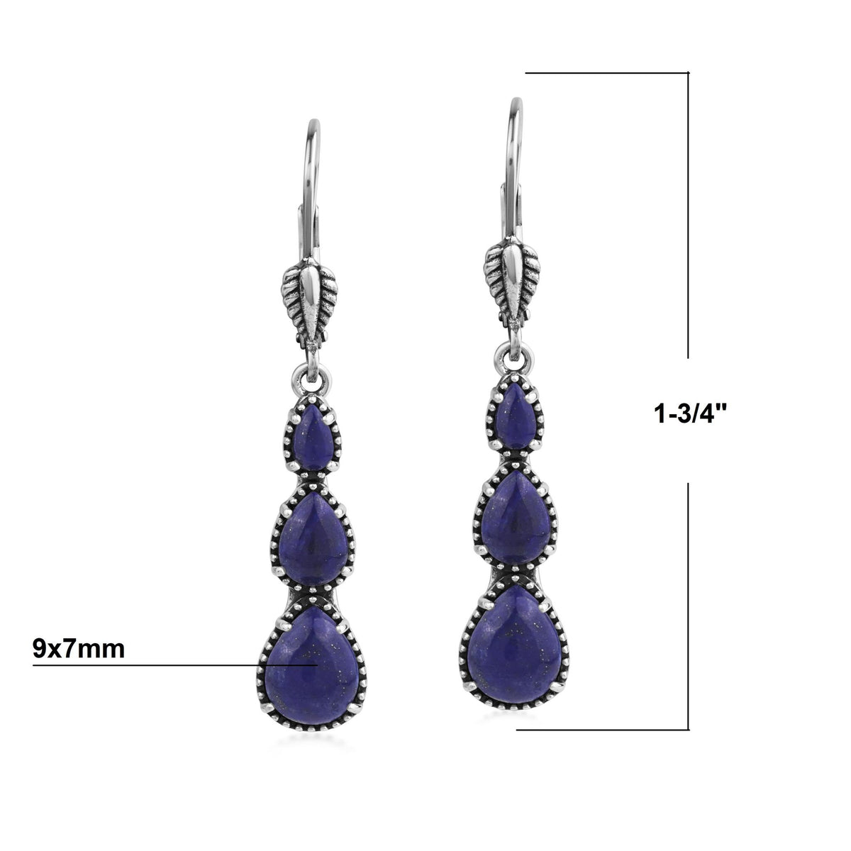 Sterling Silver Lapis 3-Pear Drop Lever Back Earrings