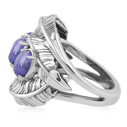 Sterling Silver Charoite Three-Stone Oval Cut Feather Ring