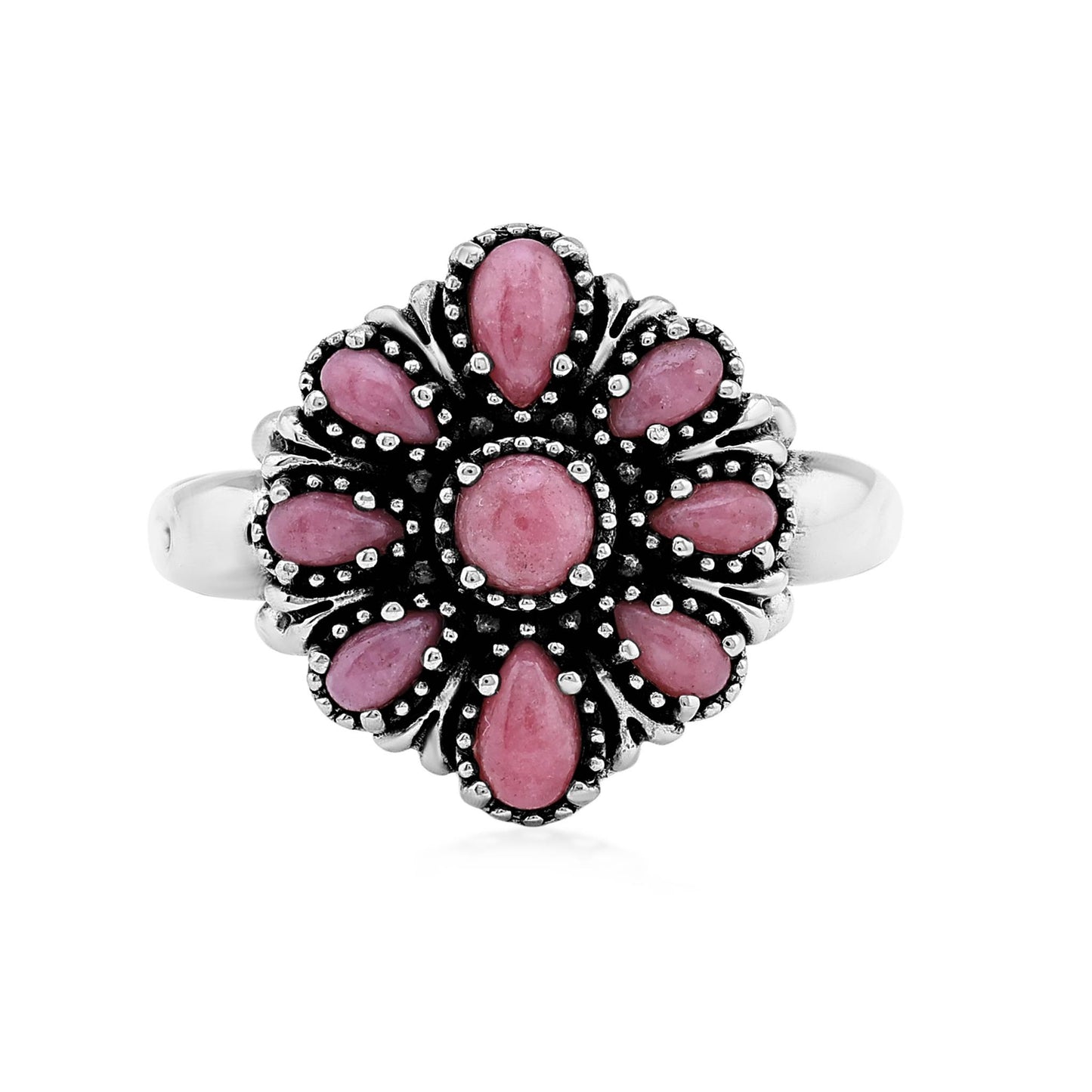  Sterling Silver Rhodonite Flower Cluster Ring, Sizes 5 to 10