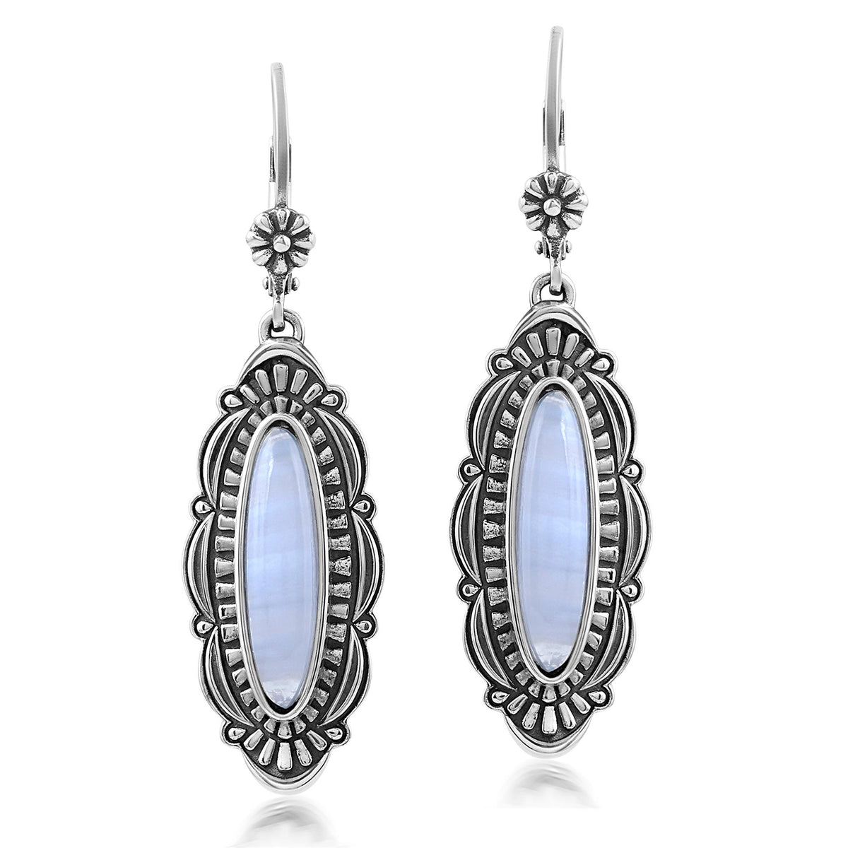 Sterling Silver Blue Lace Agate Elongated Oval Textured Lever Back Earrings 
