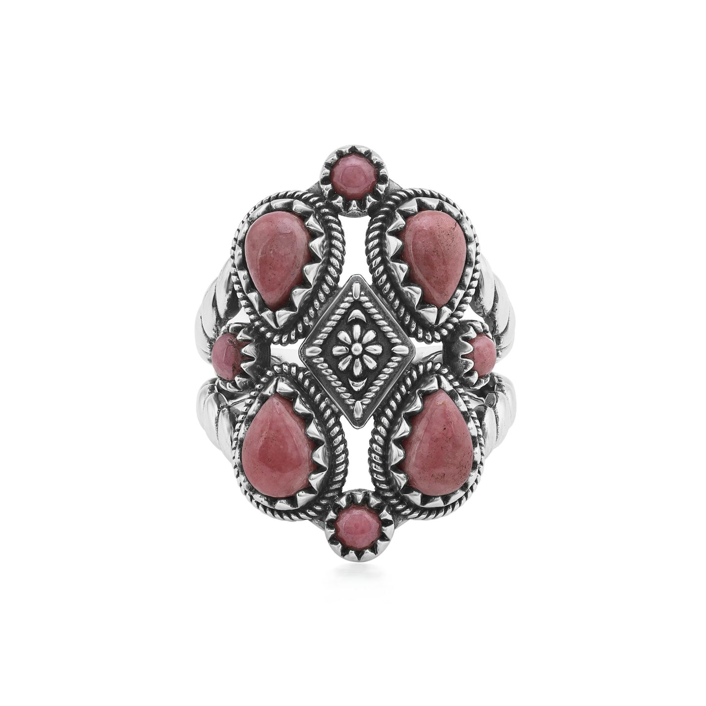 Sterling Silver Rhodonite 4 Pear and Round Cut Cluster Ring