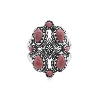 Sterling Silver Rhodonite 4 Pear and Round Cut Cluster Ring