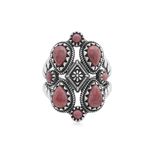 Sterling Silver Rhodonite 4 Pear and Round Cut Cluster Ring
