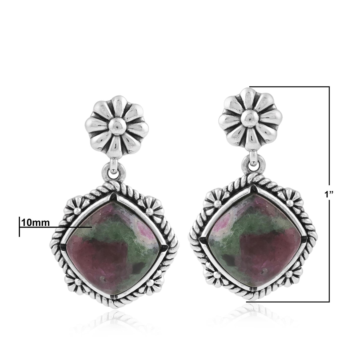 Sterling Silver Ruby Zoisite Cushion-Cut Concha Flower Post Earrings 