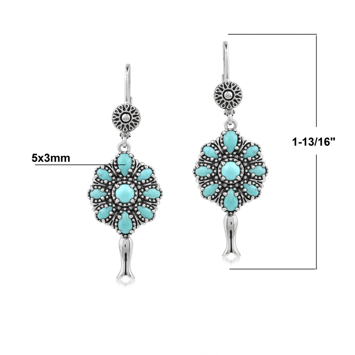 Sterling Silver Kingman Turquoise Petit Point Flower Cluster Squash Blossom Earrings
