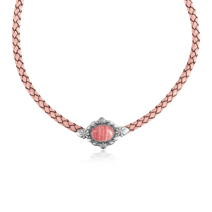 Sterling Silver Rhodochrosite Pink Braided Leather Necklace, 17 to 20 Inches