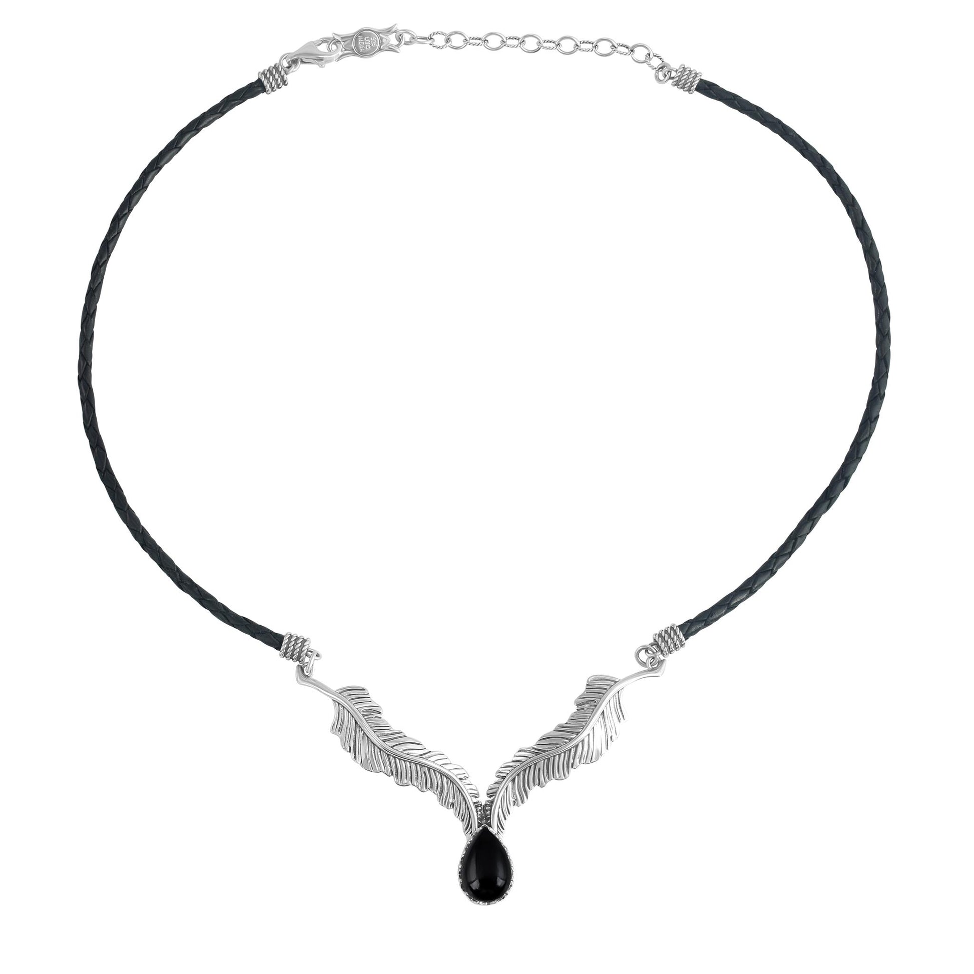 Sterling Silver Black Onyx Black Leather Feather Design Necklace