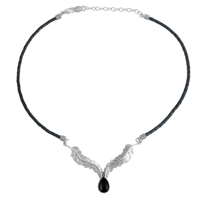 Sterling Silver Black Onyx Black Leather Feather Design Necklace