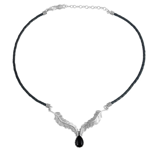Sterling Silver Black Onyx Black Leather Feather Design Necklace
