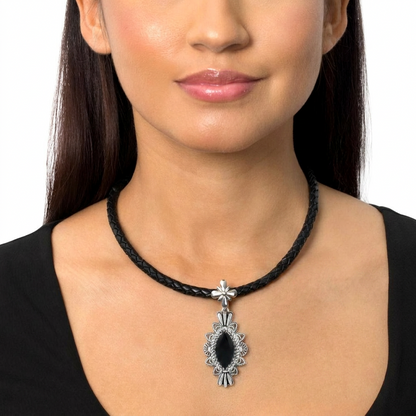  Sterling Silver Black Onyx Marquise Cut Gemstone Pendant Enhancer