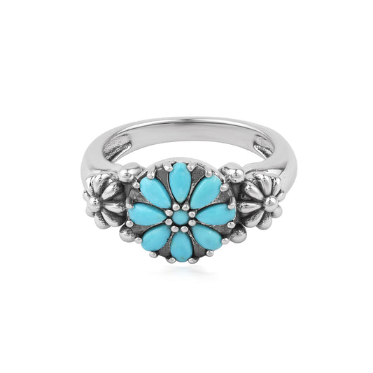 Sterling Silver Sleeping Beauty Turquoise Concha Flower Ring