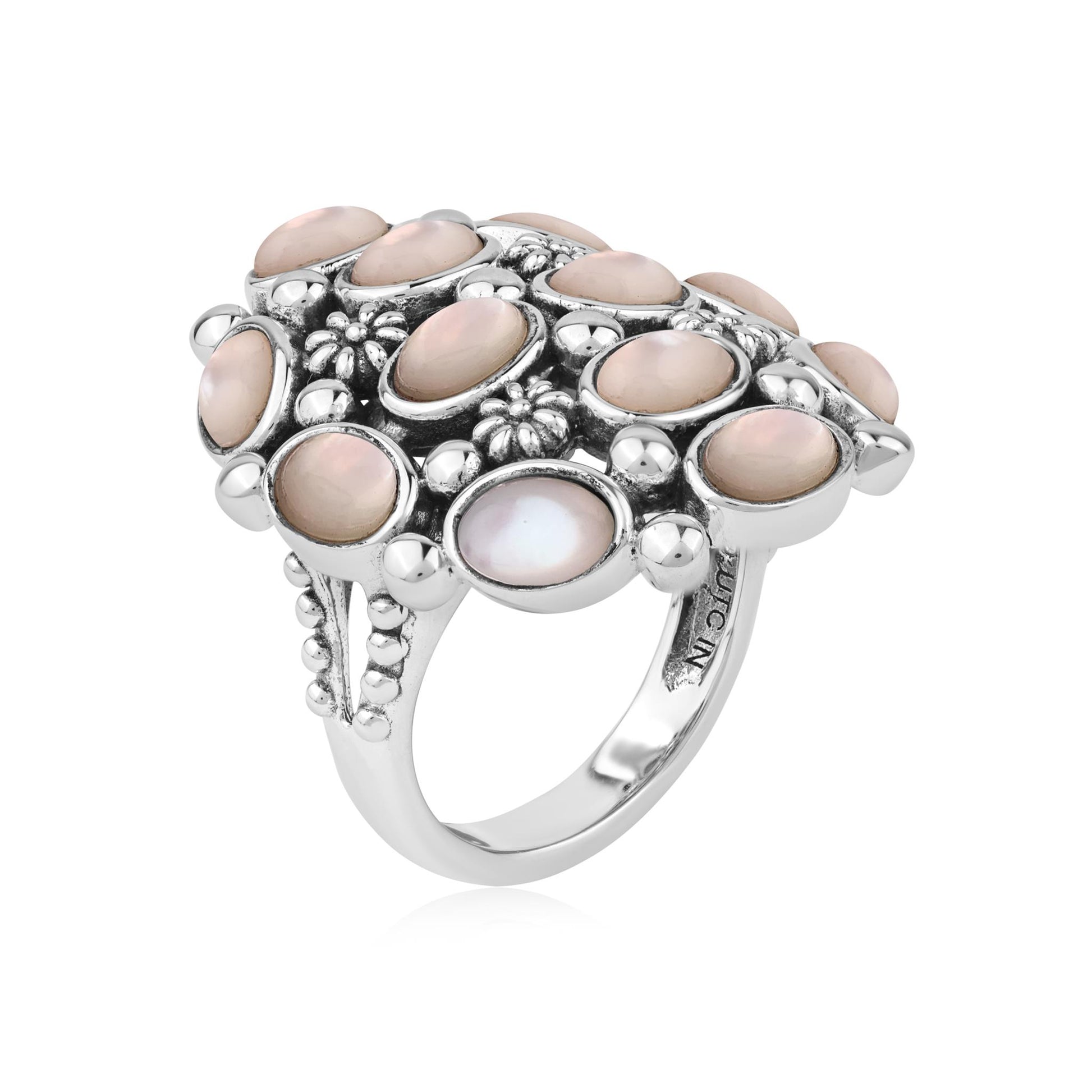  Sterling Silver White Mother of Pearl Oval 12-Stone Cluster Ring