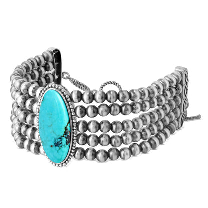 Sterling Silver Kingman Turquoise Oval Cut Triple Bead Toggle Bracelet, Sizes Small to Large