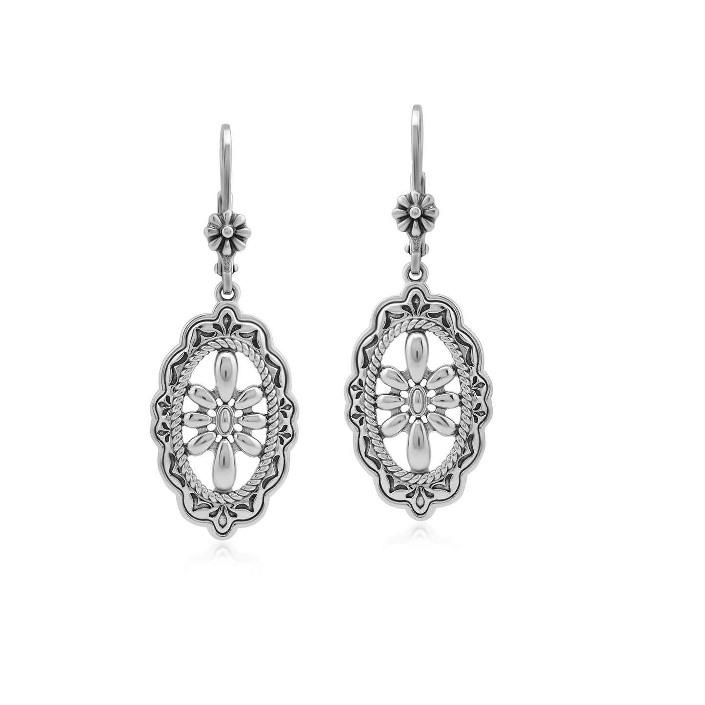 Sterling Silver Oval and Concha Lever Back Earrings