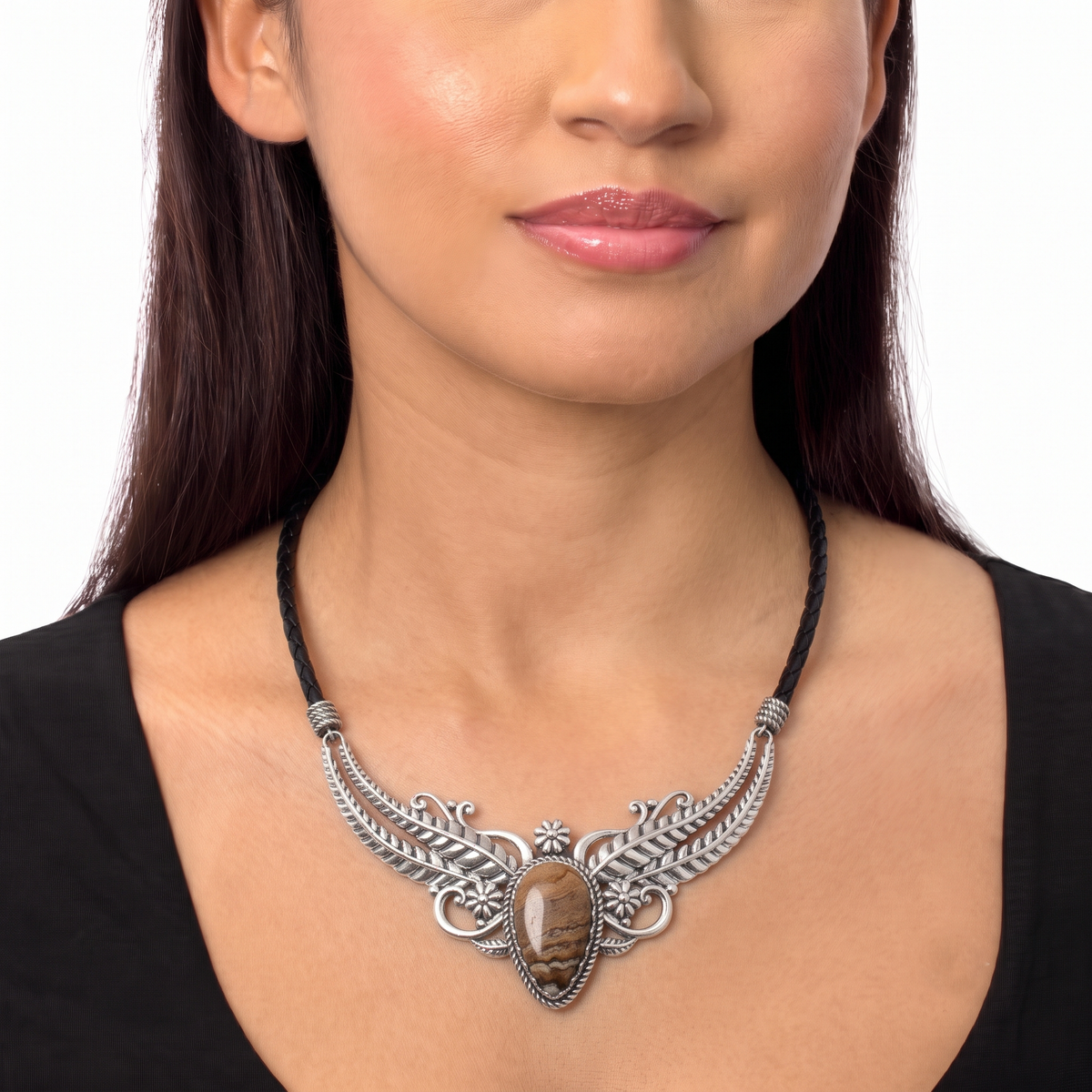Sterling Silver Picture Jasper Vine and Leaf Leather Necklace, 17 to 20 Inches