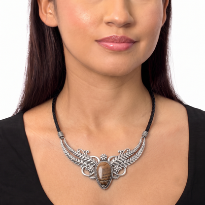 Sterling Silver Picture Jasper Vine and Leaf Leather Necklace, 17 to 20 Inches