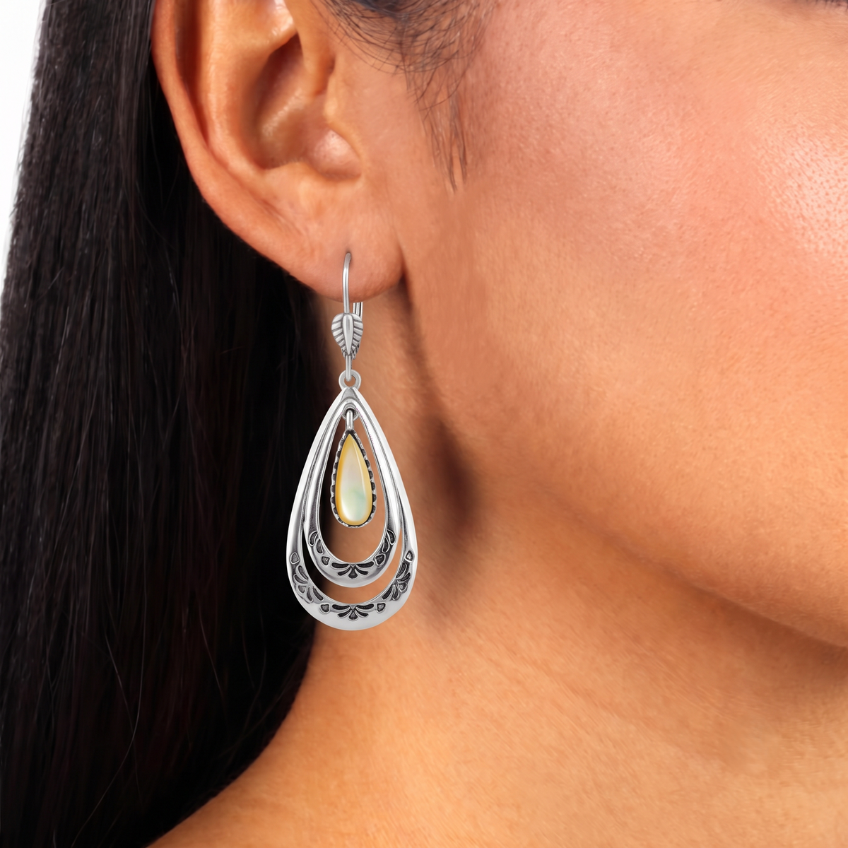 Sterling Silver Yellow Mother of Pearl Open Teardrop Lever Back Earrings
