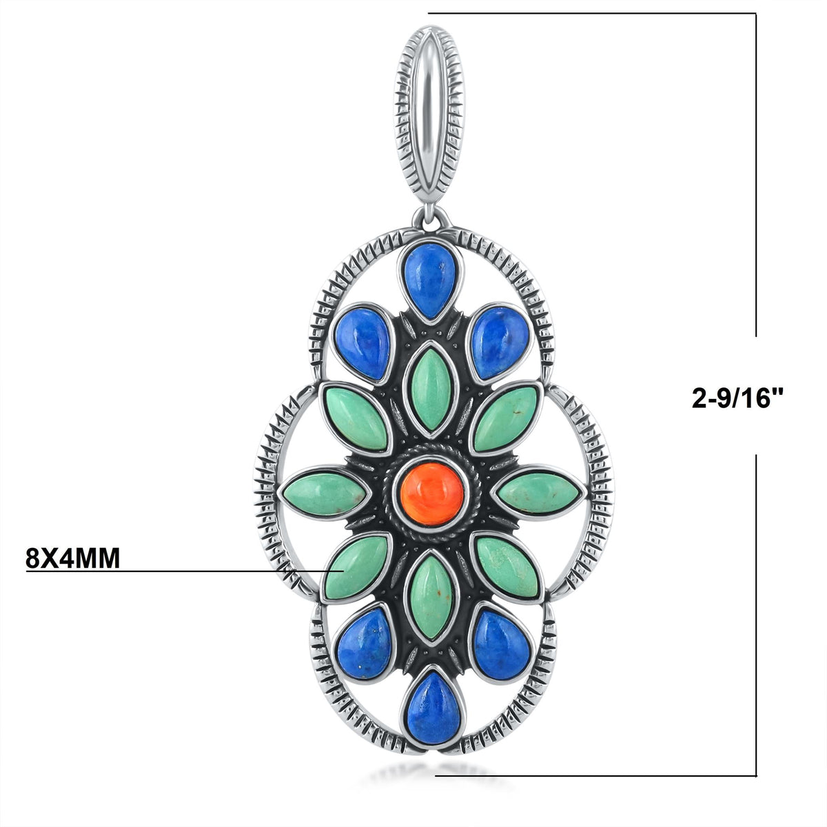 Sterling Silver Green Turquoise Lapis and Orange Spiny Oyster Oval Cluster Pendant Enhancer