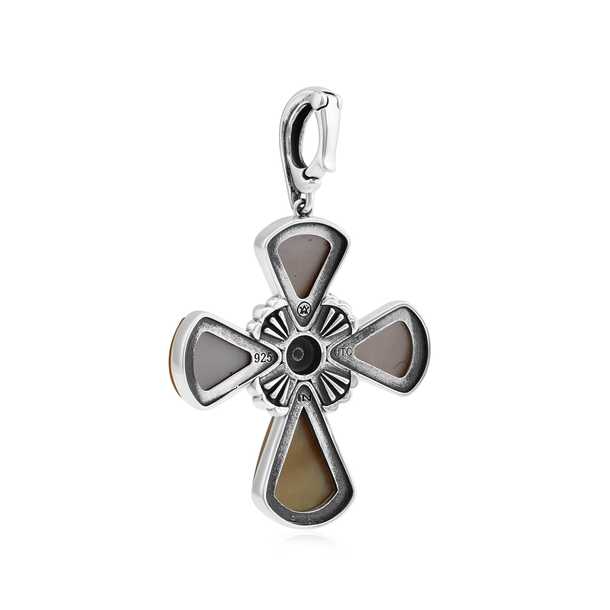 Sterling Silver Yellow Mother of Pearl Gemstone Concha Cross Pendant Enhancer 