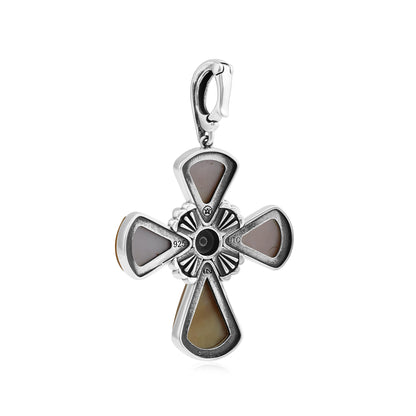 Sterling Silver Yellow Mother of Pearl Gemstone Concha Cross Pendant Enhancer 