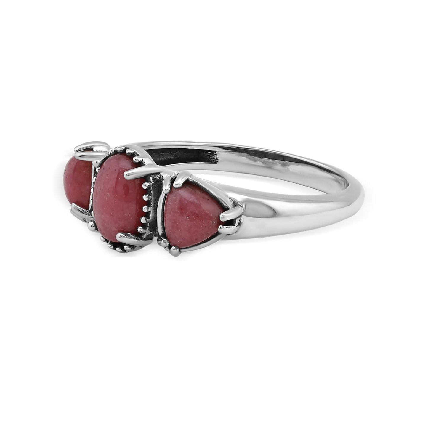 Sterling Silver Rhodonite Oval and Trillion 3-Stone Ring
