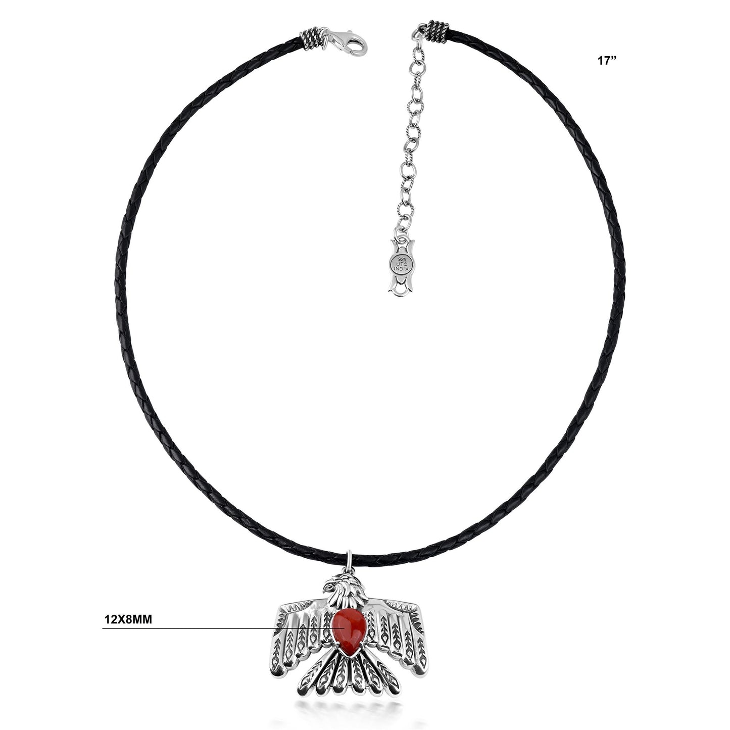 EXCLUSIVELY OURS! Sterling Silver Red Jasper Black Leather Thunderbird Pendant Necklace, 17 to 20 Inches