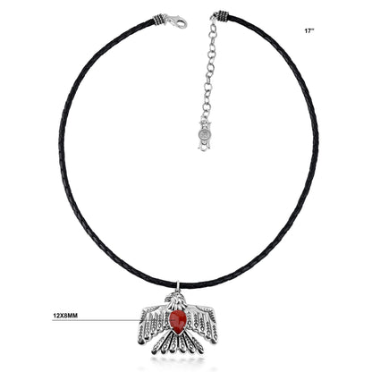 EXCLUSIVELY OURS! Sterling Silver Red Jasper Black Leather Thunderbird Pendant Necklace, 17 to 20 Inches