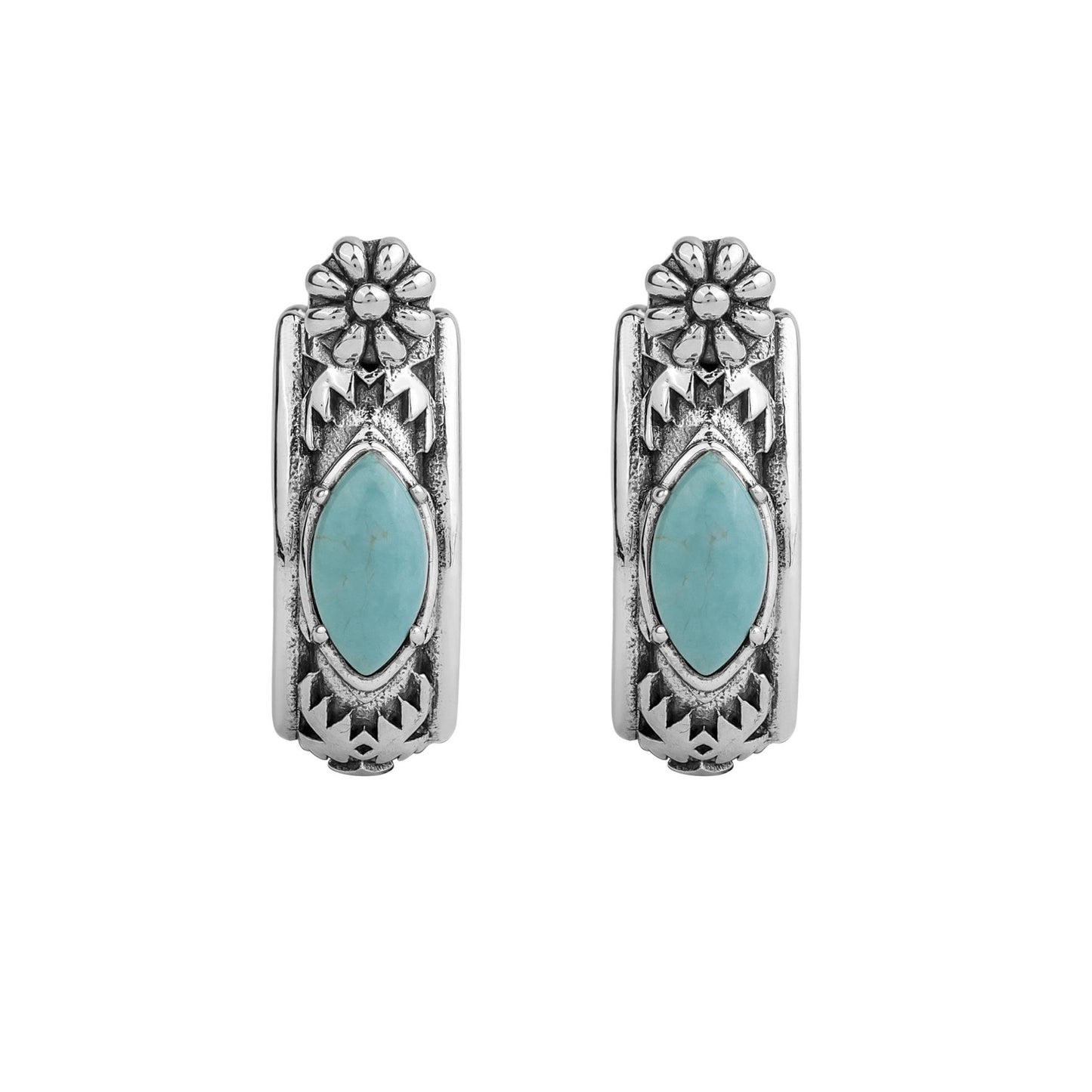 Sterling Silver Green Turquoise Marquise Cut Huggie Hoop Earrings 