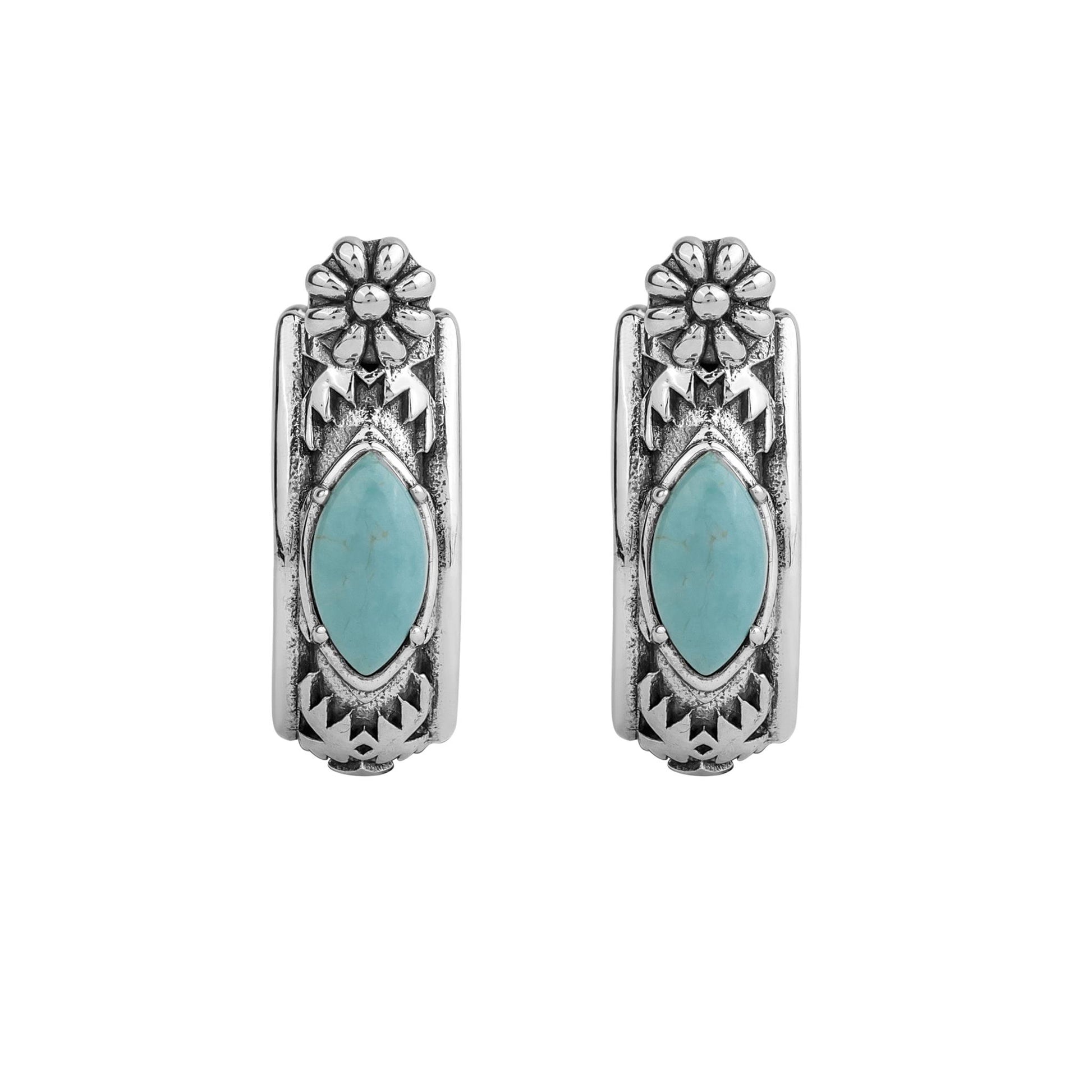 Sterling Silver Green Turquoise Marquise Cut Huggie Hoop Earrings 