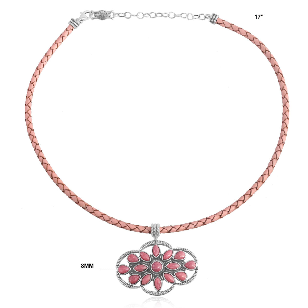 Sterling Silver Rhodonite Pink Leather Cluster Necklace, 17 to 20 Inches