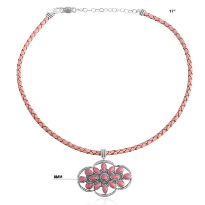 Sterling Silver Rhodonite Pink Leather Cluster Necklace, 17 to 20 Inches