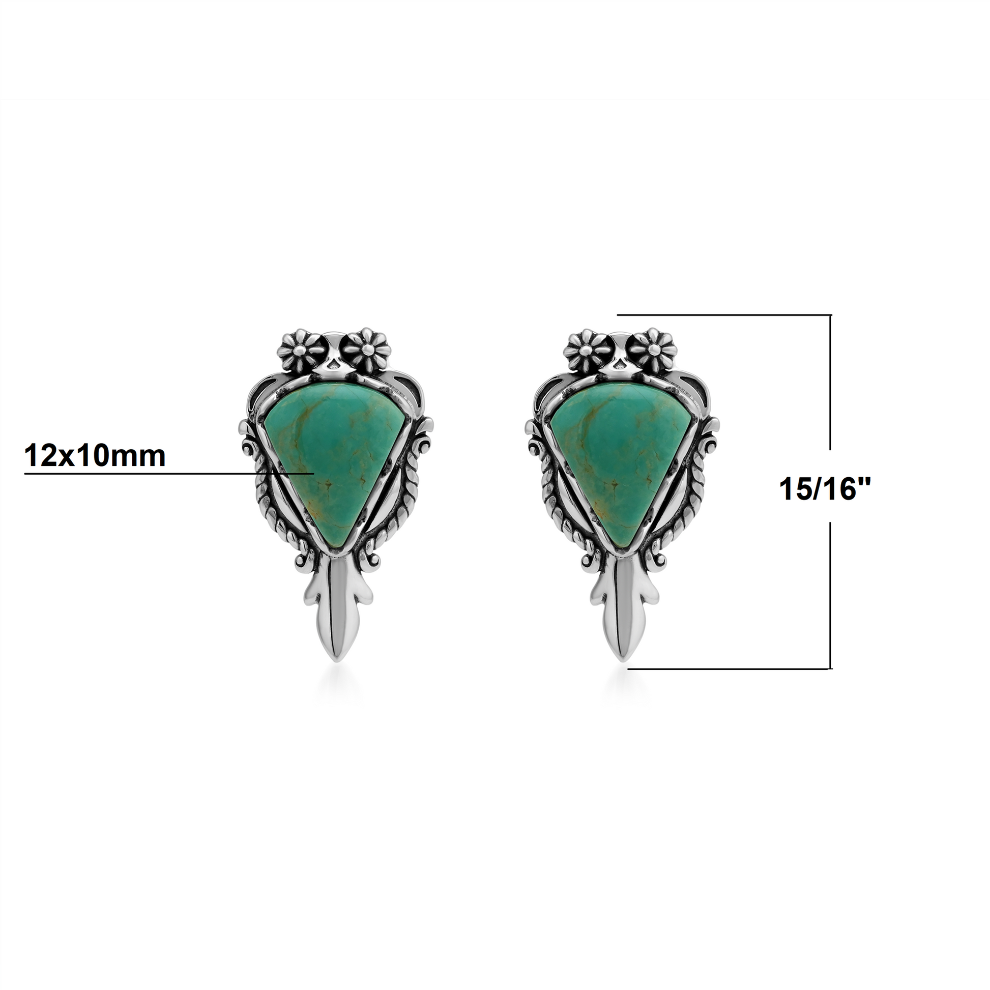 Sterling Silver Green Turquoise Pear Gemstone Squash Blossom Earrings 