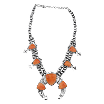 LIMITED EDITION! Sterling Silver Orange Spiny Oyster Arrowhead Squash Blossom Statement Necklace