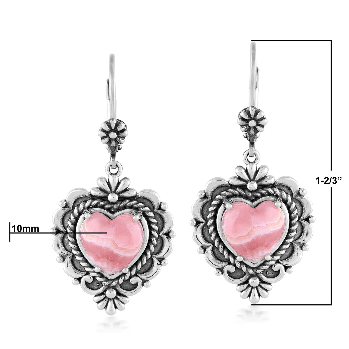 Sterling Silver Rhodochrosite Heart Lever Back Earrings
