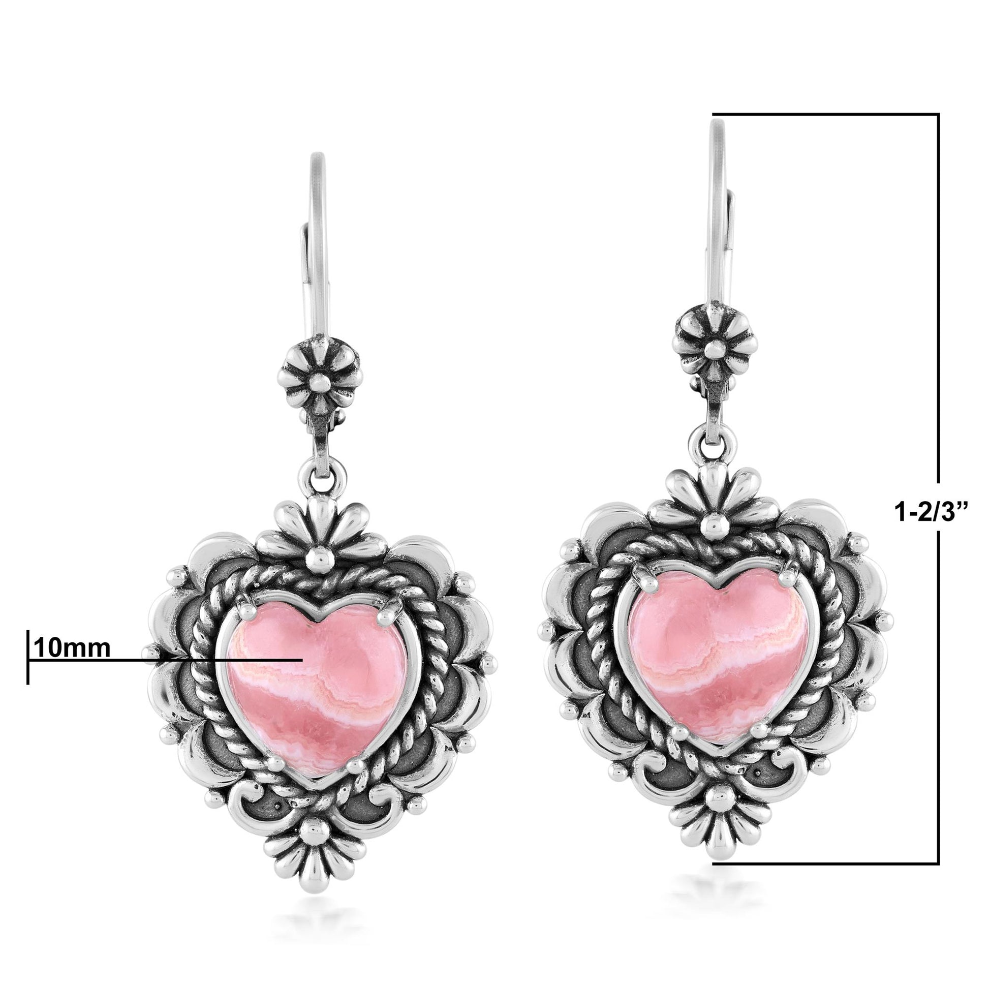 Sterling Silver Rhodochrosite Heart Lever Back Earrings