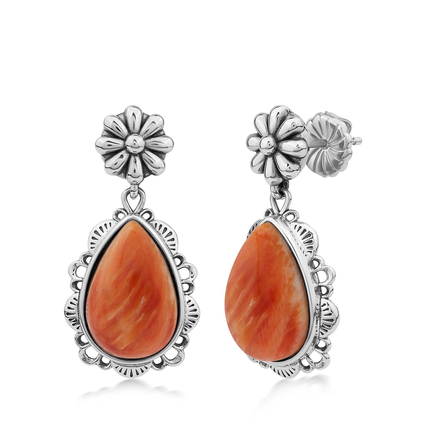  Sterling Silver Orange Spiny Oyster Pear-Cut Concha Dangle Earrings