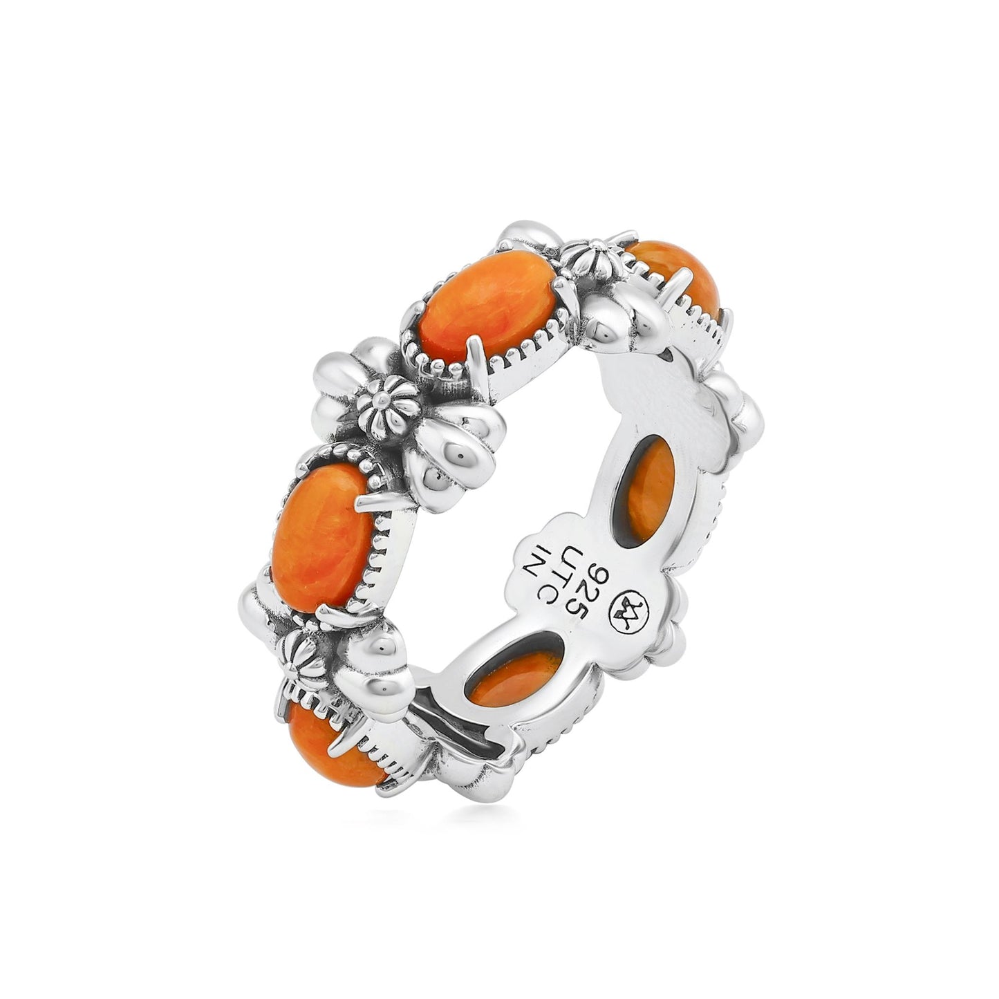 Sterling Silver Orange Spiny Oyster Oval Concha Band Ring
