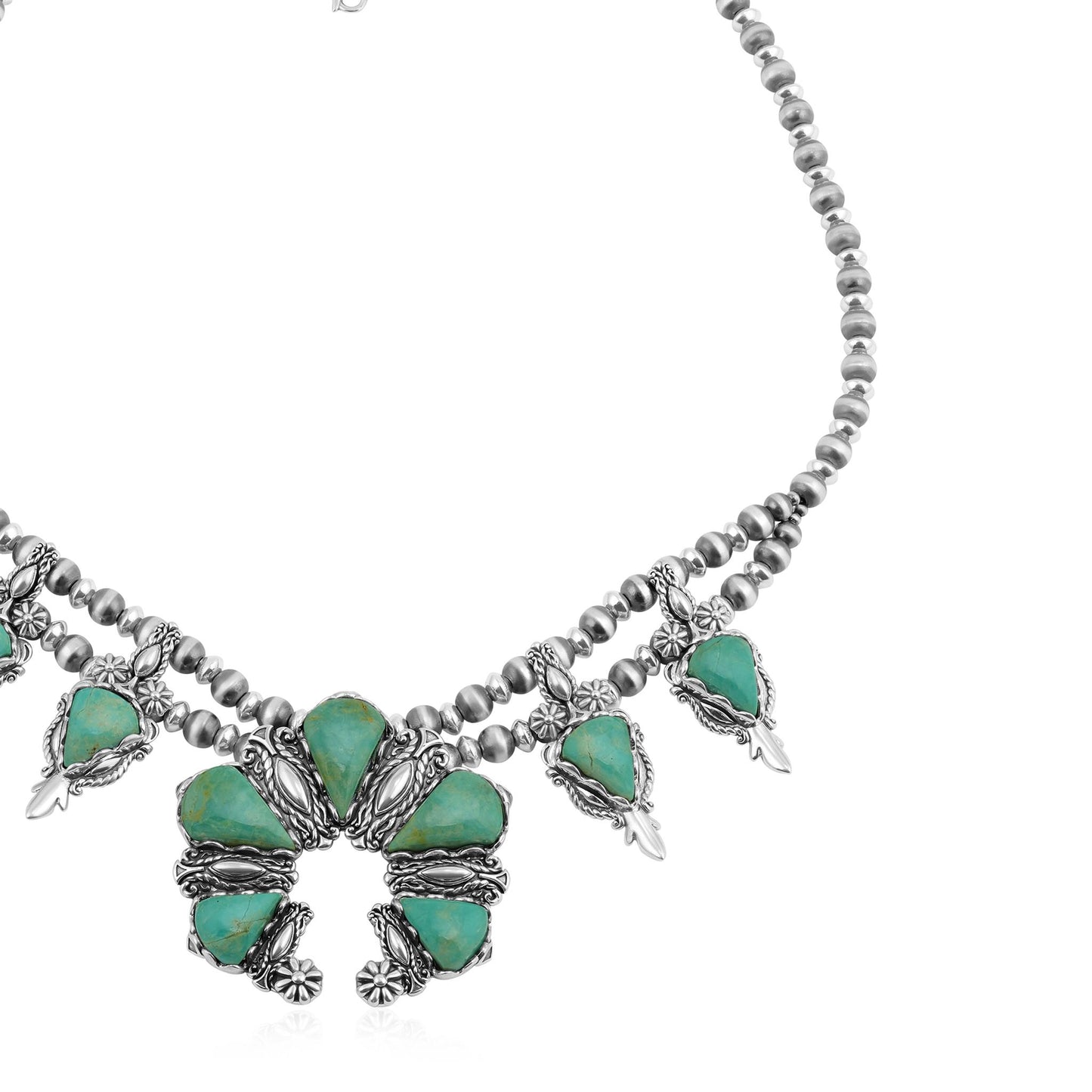 Sterling Silver Green Turquoise Pear Gemstone Squash Blossom Necklace, 17 to 20 Inches