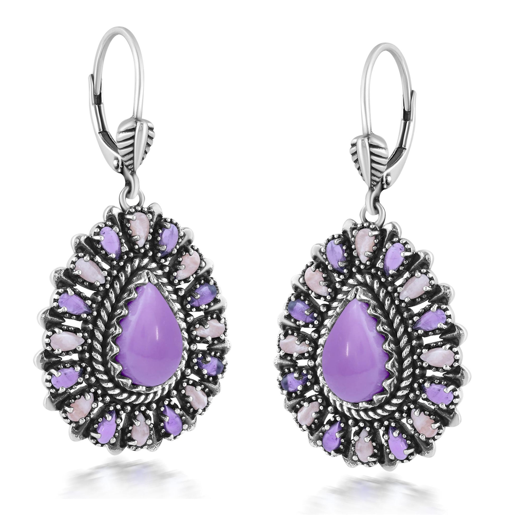 Sterling Silver Phosphosiderite, Rhodochrosite, and Amethyst Cluster Pear Shaped Dangle Earrings