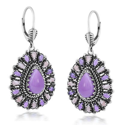 Sterling Silver Phosphosiderite, Rhodochrosite, and Amethyst Cluster Pear Shaped Dangle Earrings