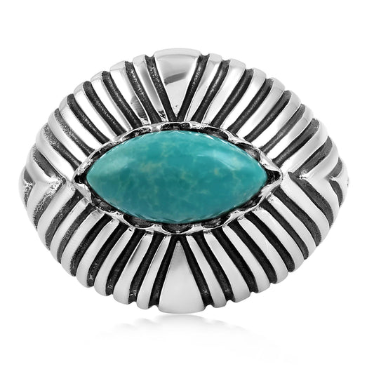 Sterling Silver Green Turquoise Marquise Gemstone Ribbed Ring