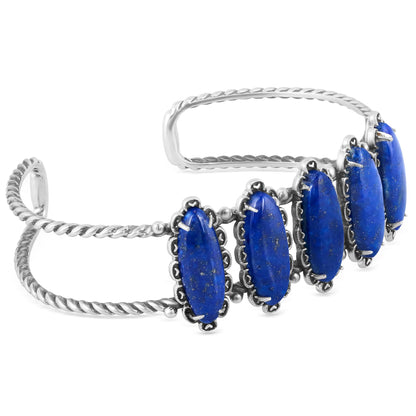 Sterling Silver Lapis 5-Stone Oval Cuff Bracelet