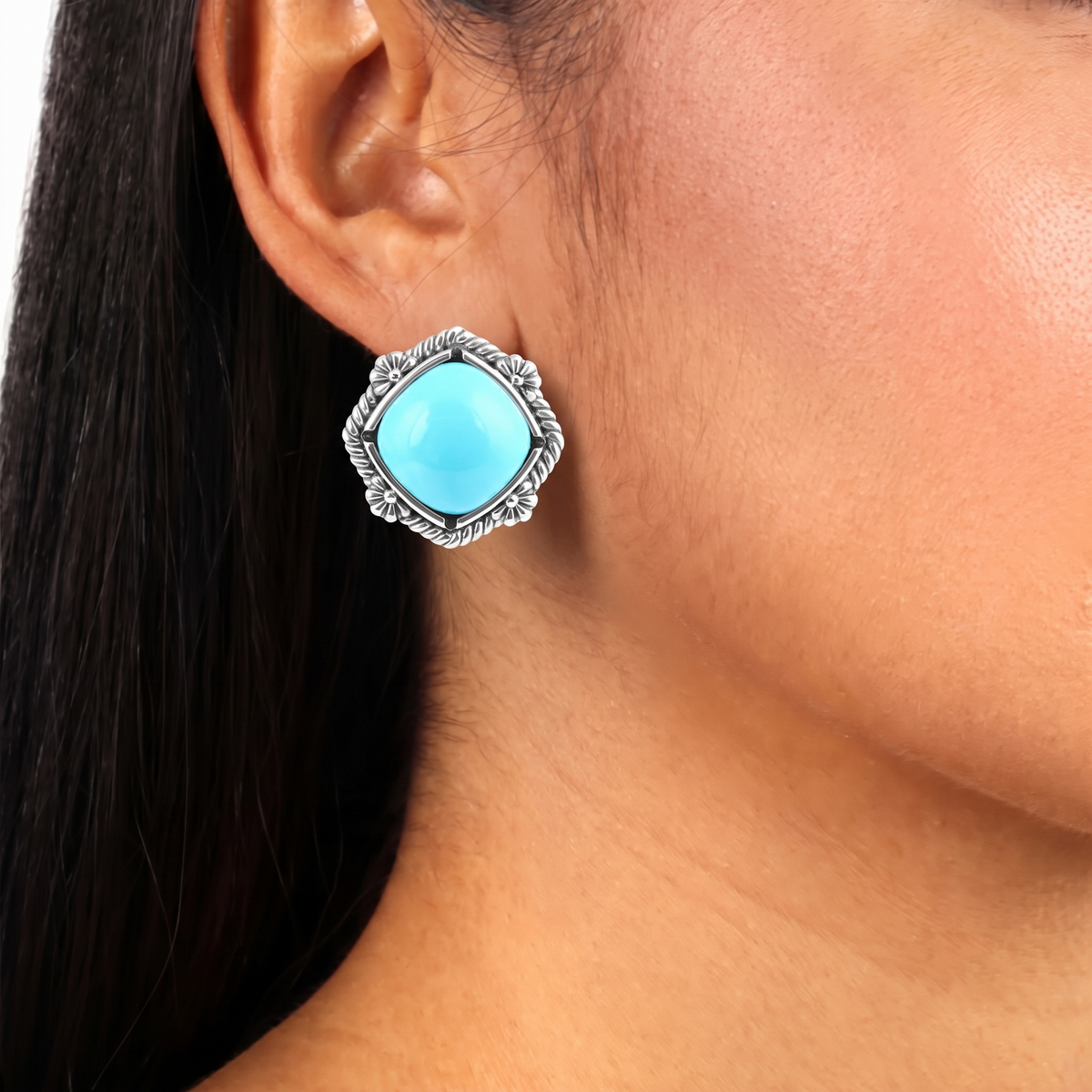 Sterling Silver Kingman Turquoise Cushion-Cut Stud Earrings