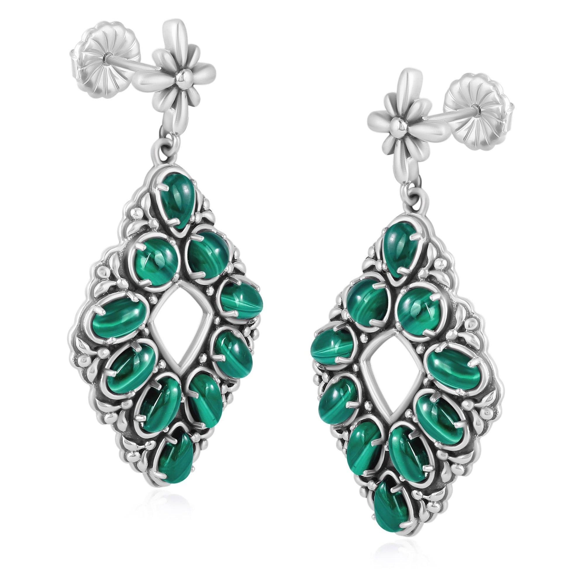 Sterling Silver Malachite Diamond Shaped Earrings