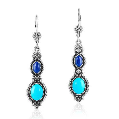 Sterling Silver Sleeping Beauty Turquoise and Lapis Oval Cut Dangle Earrings