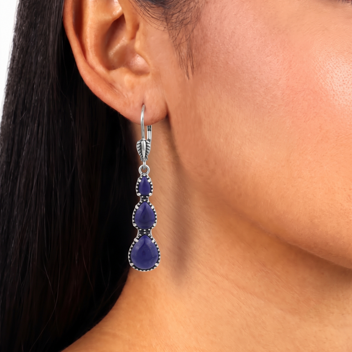Sterling Silver Lapis 3-Pear Drop Lever Back Earrings
